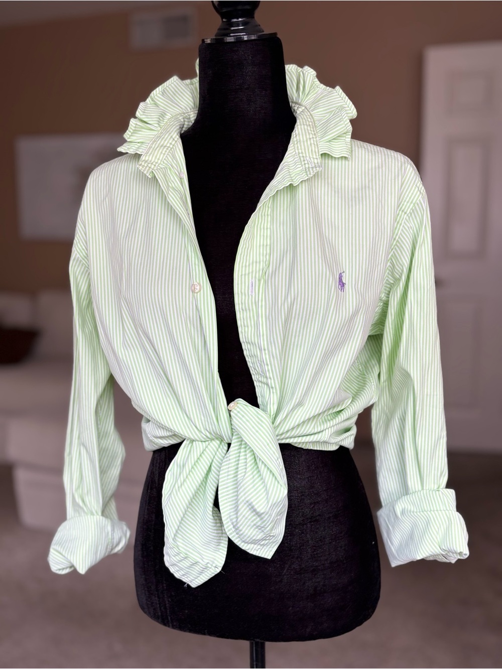 Reworked Ralph Lauren Green Stripe Ruffle Collar Button Down size s/m